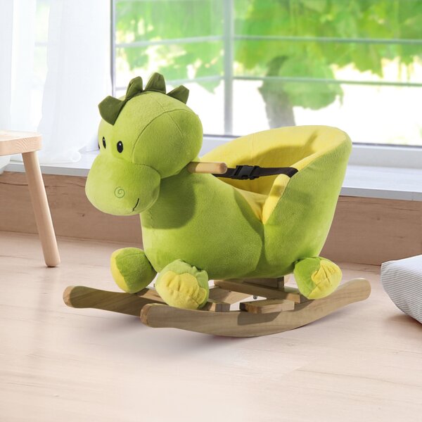 HOMCOM Cavallo a Dondolo per Bambini in Legno, a Forma di Dinosauro, Cavalluccio per Bambini con Cintura di Sicurezza, Verde e Giallo | Aosom Italy