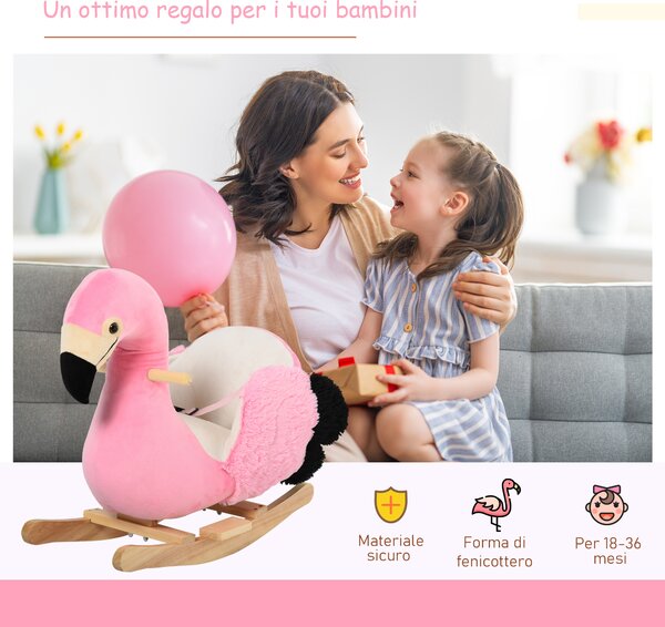 Homcom Fenicottero Rosa a Dondolo, Legno, Cinture di Sicurezza, Gioco Sicuro e Divertente per Bambini dai 18 Mesi|Aosom