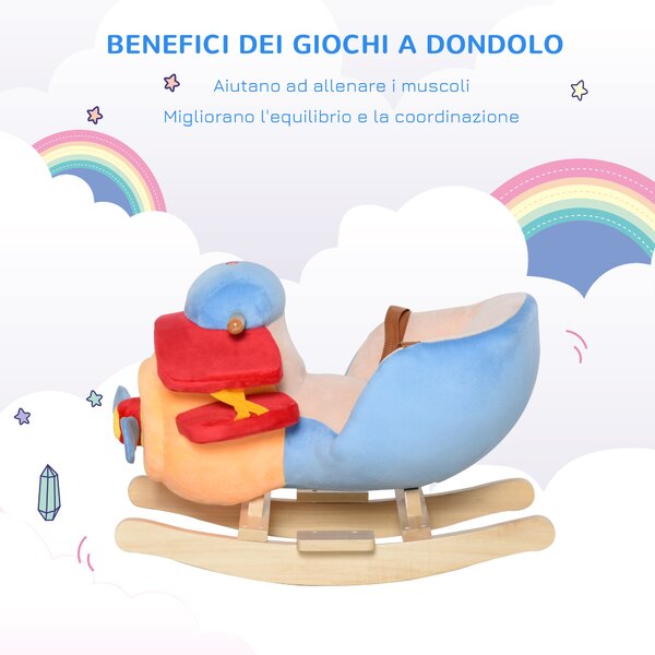 HOMCOM Dondolo a Forma di Aeroplano per Bambini di Età Superiore a 18 Mesi con Musica Incorporata in Legno Alamo, Max:60kg 60x33x45cm|Aosom