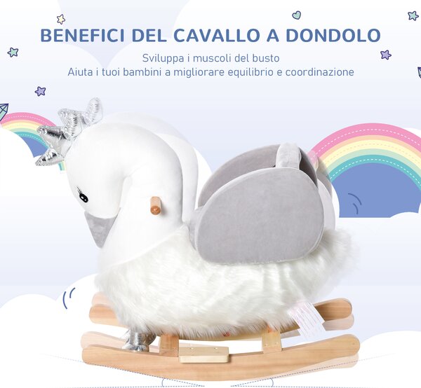 HOMCOM Cavallo a dondolo stile cigno seduta imbottita con suono 3 LR44 batterie per bambini 18-36 mesi bainco grigio Max.carico 40kg|Aosom