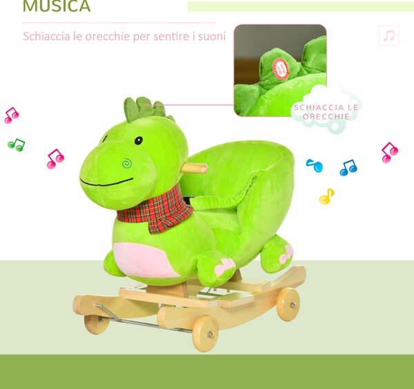 HOMCOM Cavallo a Dondolo con Ruote, Cavalluccio a Dondolo Drago per Bambini 18-36 Mesi, in Legno e Peluche Verde|Aosom