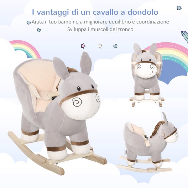HOMCOM Cavallo a Dondolo Forma Asino per Bambini 18-36 Mesi Seduta Imbottita con Suono e Batterie Grigio Max.carico 40kg|Aosom.it