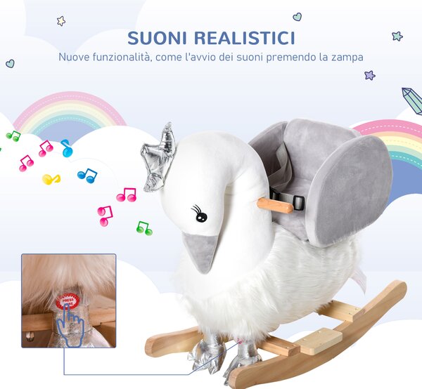 HOMCOM Cavallo a dondolo stile cigno seduta imbottita con suono 3 LR44 batterie per bambini 18-36 mesi bainco grigio Max.carico 40kg|Aosom