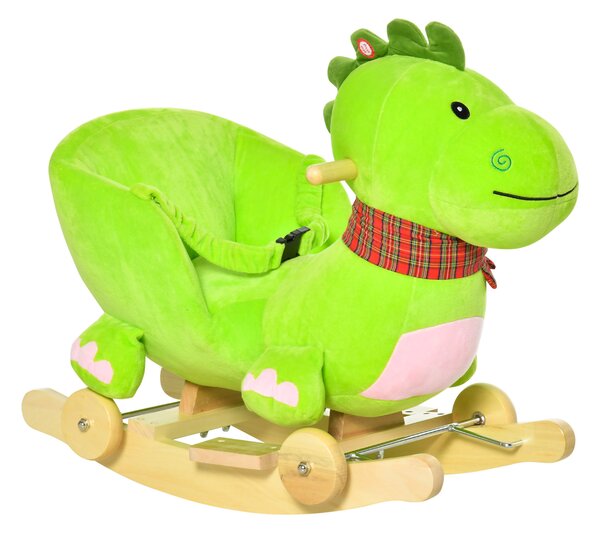 HOMCOM Cavallo a Dondolo con Ruote, Cavalluccio a Dondolo Drago per Bambini 18-36 Mesi, in Legno e Peluche Verde|Aosom