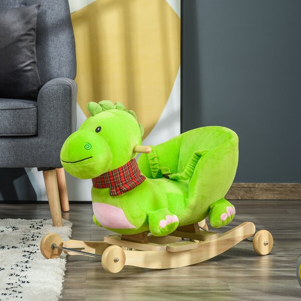HOMCOM Cavallo a Dondolo con Ruote, Cavalluccio a Dondolo Drago per Bambini 18-36 Mesi, in Legno e Peluche Verde|Aosom