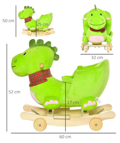 HOMCOM Cavallo a Dondolo con Ruote, Cavalluccio a Dondolo Drago per Bambini 18-36 Mesi, in Legno e Peluche Verde|Aosom
