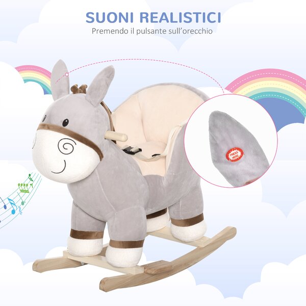 HOMCOM Cavallo a Dondolo Forma Asino per Bambini 18-36 Mesi Seduta Imbottita con Suono e Batterie Grigio Max.carico 40kg|Aosom.it