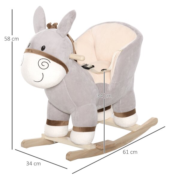 HOMCOM Cavallo a Dondolo Forma Asino per Bambini 18-36 Mesi Seduta Imbottita con Suono e Batterie Grigio Max.carico 40kg|Aosom.it