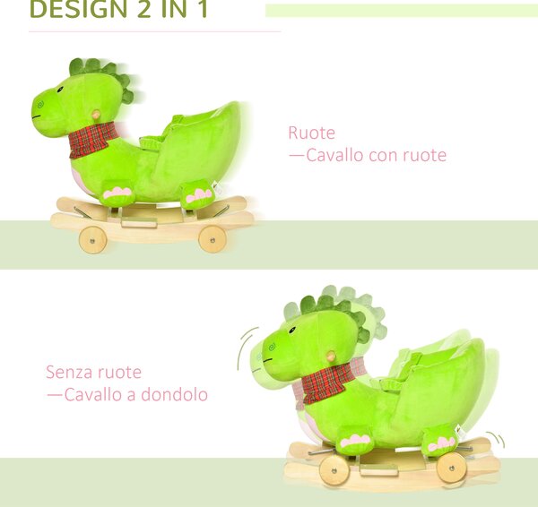 HOMCOM Cavallo a Dondolo con Ruote, Cavalluccio a Dondolo Drago per Bambini 18-36 Mesi, in Legno e Peluche Verde|Aosom