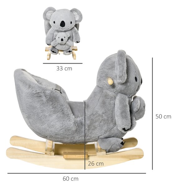 HOMCOM Cavallo a Dondolo Koala con Suoni, Cavalluccio a Dondolo per Bambini 18-36 Mesi in Peluche Grigio e Legno, 60x33x50cm|Aosom