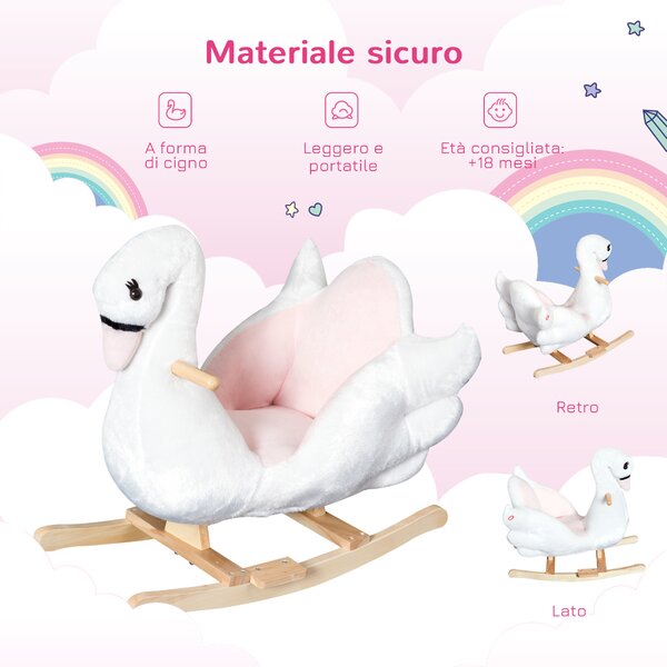 HOMCOM Cavallo a Dondolo a Forma di Cigno con Musica, Struttura in Metallo e Legno, Rivestimento Peluche, 60x32x55cm, Bianco|Aosom