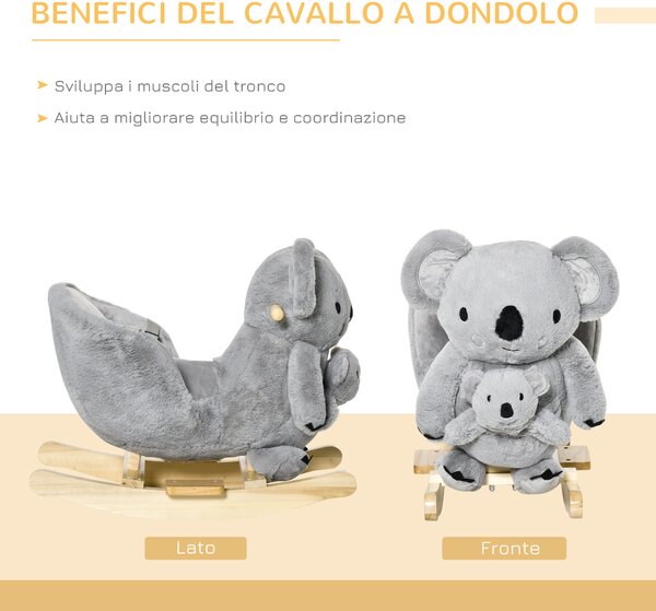 HOMCOM Cavallo a Dondolo Koala con Suoni, Cavalluccio a Dondolo per Bambini 18-36 Mesi in Peluche Grigio e Legno, 60x33x50cm|Aosom