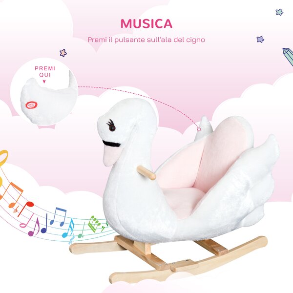 HOMCOM Cavallo a Dondolo a Forma di Cigno con Musica, Struttura in Metallo e Legno, Rivestimento Peluche, 60x32x55cm, Bianco|Aosom