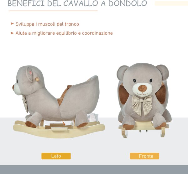 HOMCOM Cavallo a Dondolo a Forma di Orso con Suoni, Cavalluccio a Dondolo per Bambini 18-36 mesi Interattivo, Grigio, 60x33x50cm|Aosom