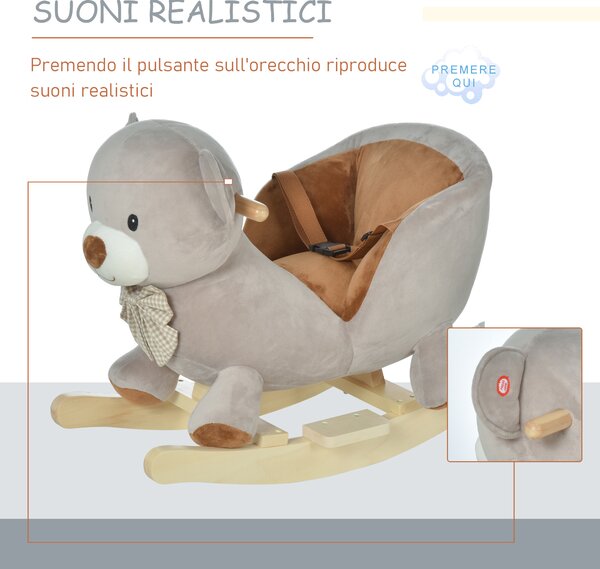 HOMCOM Cavallo a Dondolo a Forma di Orso con Suoni, Cavalluccio a Dondolo per Bambini 18-36 mesi Interattivo, Grigio, 60x33x50cm|Aosom
