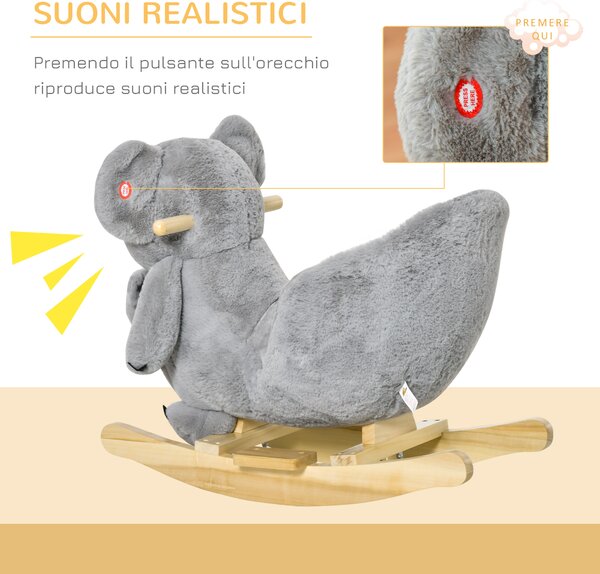 HOMCOM Cavallo a Dondolo Koala con Suoni, Cavalluccio a Dondolo per Bambini 18-36 Mesi in Peluche Grigio e Legno, 60x33x50cm|Aosom