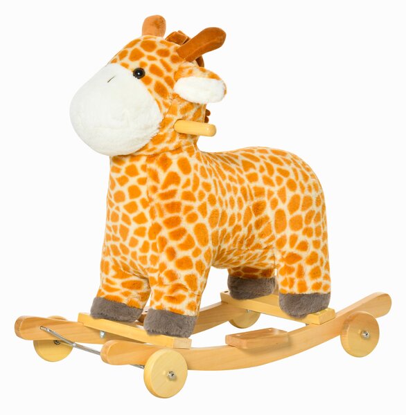HOMCOM Cavallo a Dondolo con Ruote e Suoni, Gioco Cavalcabile a Forma di Giraffa per Bambini 36-72 Mesi in Peluche e Legno, Giallo, 63x38x63cm|Aosom