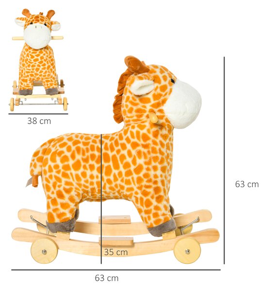 HOMCOM Cavallo a Dondolo con Ruote e Suoni, Gioco Cavalcabile a Forma di Giraffa per Bambini 36-72 Mesi in Peluche e Legno, Giallo, 63x38x63cm|Aosom