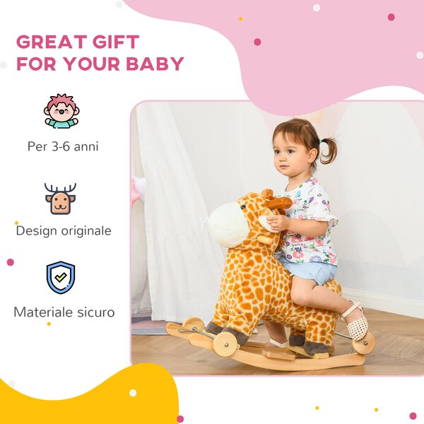 HOMCOM Cavallo a Dondolo con Ruote e Suoni, Gioco Cavalcabile a Forma di Giraffa per Bambini 36-72 Mesi in Peluche e Legno, Giallo, 63x38x63cm|Aosom