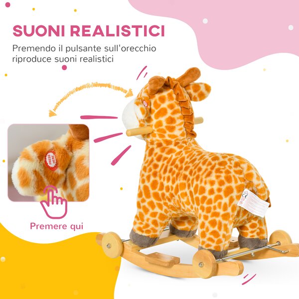HOMCOM Cavallo a Dondolo con Ruote e Suoni, Gioco Cavalcabile a Forma di Giraffa per Bambini 36-72 Mesi in Peluche e Legno, Giallo, 63x38x63cm|Aosom