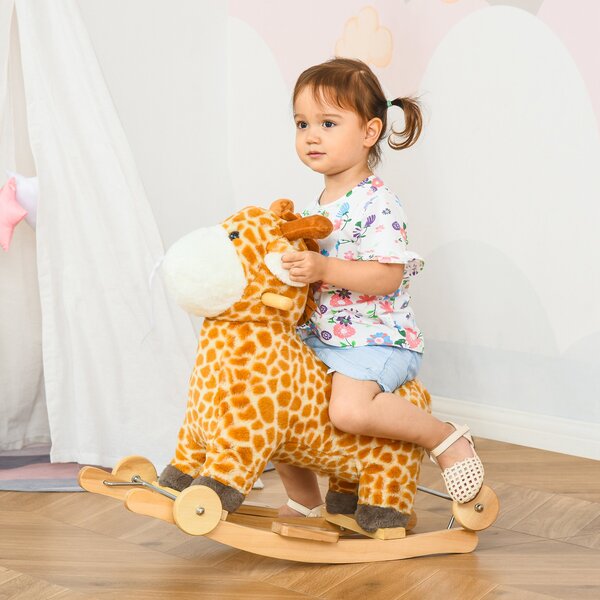 HOMCOM Cavallo a Dondolo con Ruote e Suoni, Gioco Cavalcabile a Forma di Giraffa per Bambini 36-72 Mesi in Peluche e Legno, Giallo, 63x38x63cm|Aosom
