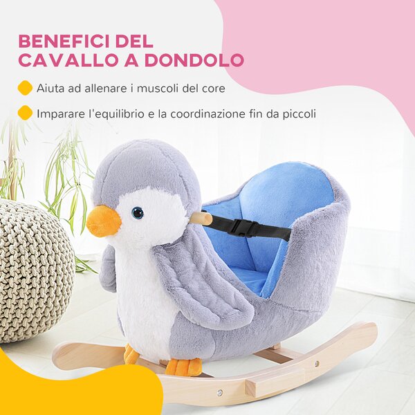 HOMCOM Cavallo a Dondolo a Pinguino in Peluche con 32 Musiche e Cintura di Sicurezza, Età 18 Mesi