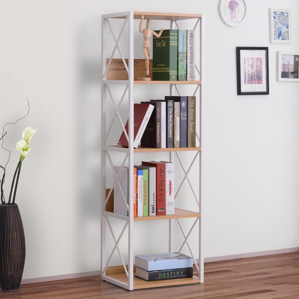 Libreria Scaffale 5 Ripiani con Struttura in Acciaio Bianco e Ripiani in Legno 40x35x143.5 cm