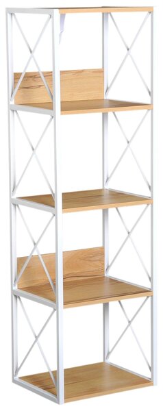 Libreria Scaffale 5 Ripiani con Struttura in Acciaio Bianco e Ripiani in Legno 40x35x143.5 cm