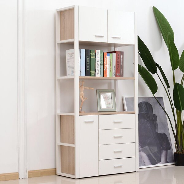 Libreria Armadio 2 Ripiani 4 Cassetti in Acciaio e Legno Bianco e Rovere 80x35x168 cm