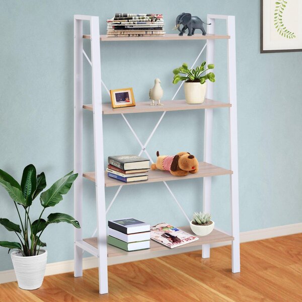 Libreria Scaffale a Scala 4 Ripiani in Legno e Acciaio Bianco e Rovere 80x33x133.5 cm