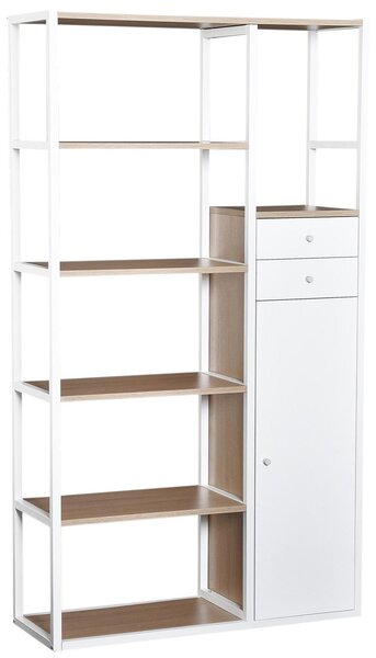 Libreria 6 Ripiani con 2 Cassetti e Armadietto in Acciaio e Legno Bianco e Rovere 100x35x180 cm
