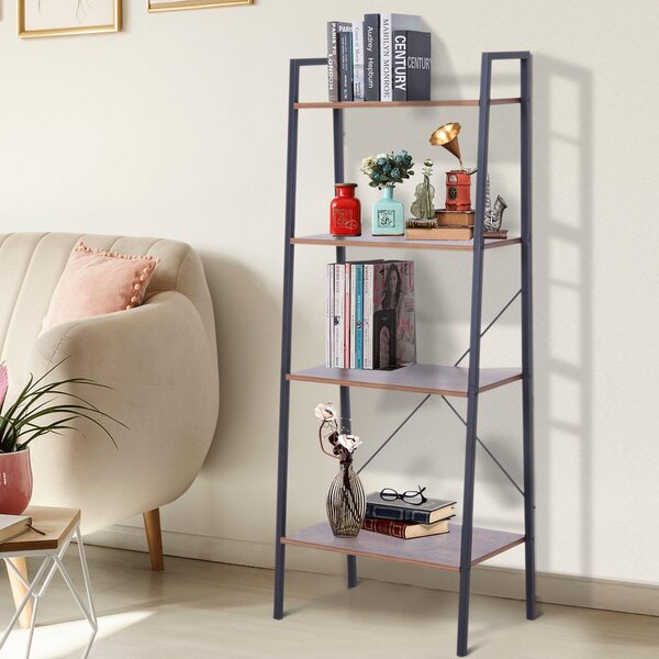 Libreria Scaffale a Scala 4 Ripiani Stile Industrial in Acciaio Nero,60x35x145 cm