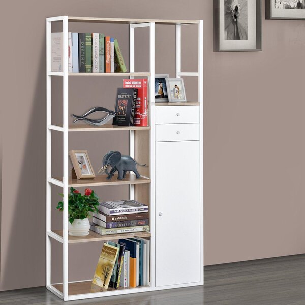 Libreria 6 Ripiani con 2 Cassetti e Armadietto in Acciaio e Legno Bianco e Rovere 100x35x180 cm