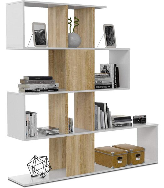 Mobile a Scaffali Libreria 4 Livelli 145x145x29 cm in Legno Zig Zag Bianco e Rovere
