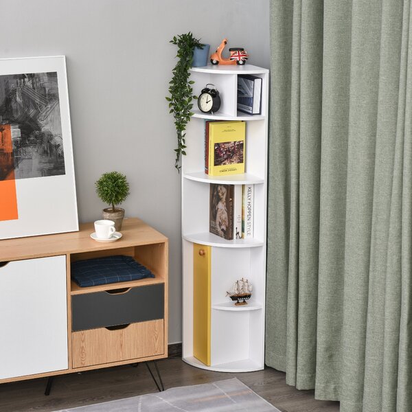 Libreria Angolare 5 Ripiani con Armadietto 29,8x29,9x147 cm Bianco e Giallo