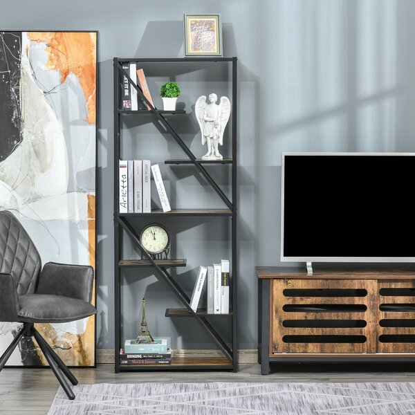 Libreria a Muro 6 Ripiani 64x30x165 cm in Truciolare e Metallo Marrone e Nero