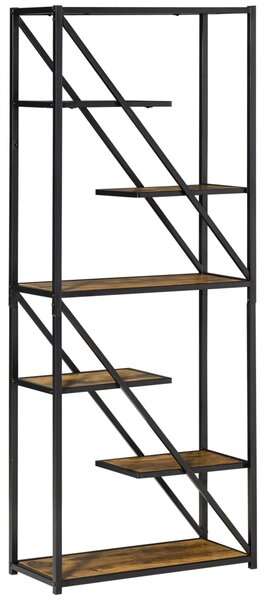 Libreria a Muro 6 Ripiani 64x30x165 cm in Truciolare e Metallo Marrone e Nero