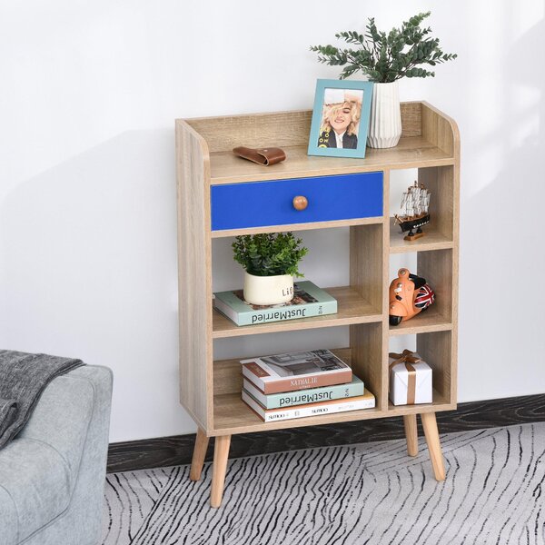 Libreria 5 Ripiani con Cassetto 60x24x86,8 cm in Truciolato Rovere e Blu