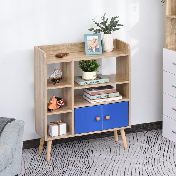 Libreria 5 Ripiani con Armadietto 71,8x24x90,8 cm in Truciolato Rovere e Blu