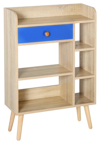 Libreria 5 Ripiani con Cassetto 60x24x86,8 cm in Truciolato Rovere e Blu
