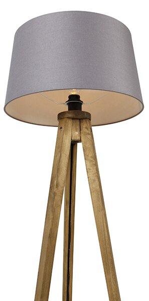 Lampada da terra rustica vintage in legno con paralume in lino grigio scuro 45 cm - Tripod Classic