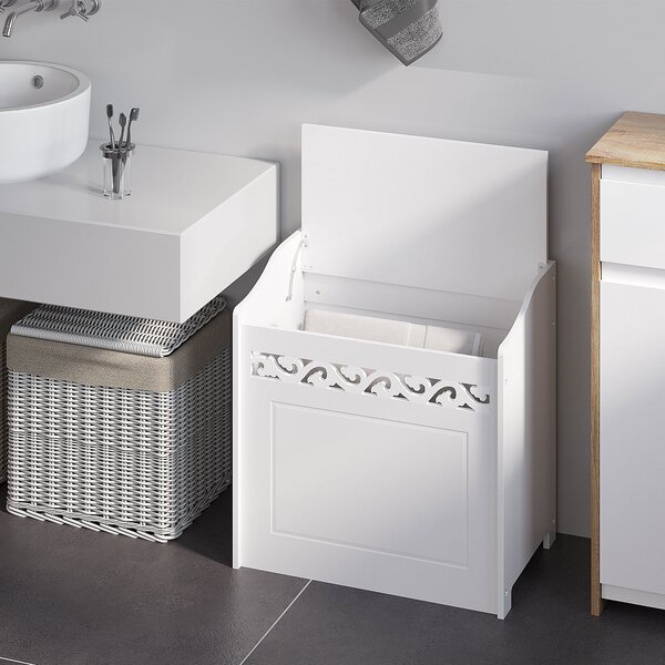 Homcom Mobiletto in Legno Portabiancheria Bianco con Decoro Intagliato 55 x 34 x 58 cm|Aosom
