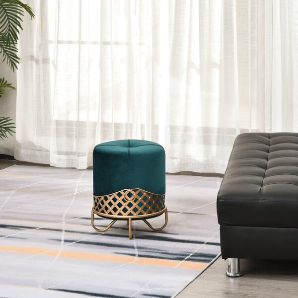 Pouf Imbottito Rotondo in Tessuto Felpato Ø38x43 cm Verde Smeraldo