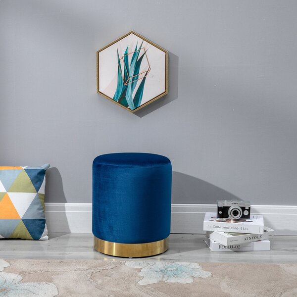 Pouf Poggiapiedi Ø36x42 cm in Velluto Blu e Oro