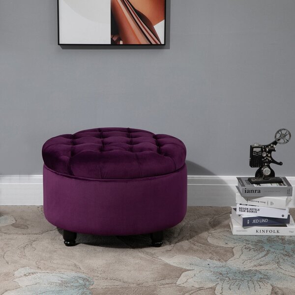 Pouf Contenitore con Coperchio in Velluto con Bottoni Trapuntati Viola