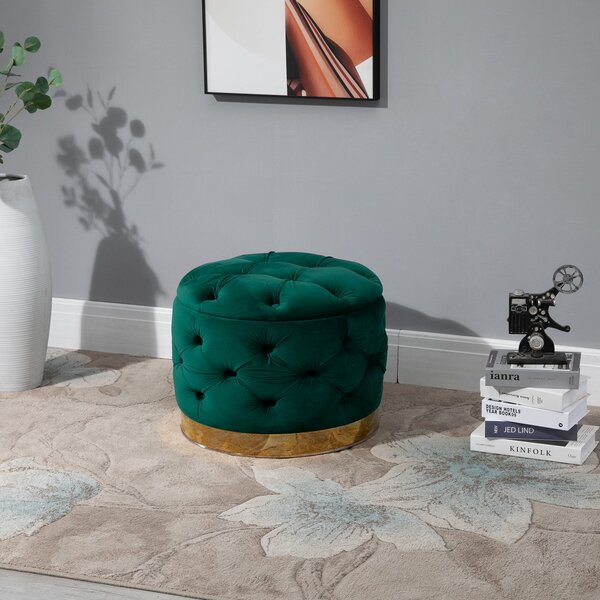 Pouf Contenitore con Coperchio in Velluto con Bottoni Trapuntati Verde