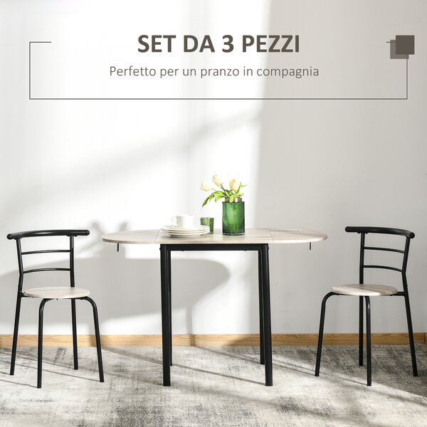 HOMCOM Set Tavolo e Sedie 3pz con 2 Sedie e Tavolo Ovale in MDF e Acciaio per Piccoli Spazi Color Legno Ideale per Cucine e Soggiorni|Aosom Italy