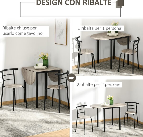 HOMCOM Set Tavolo e Sedie 3pz con 2 Sedie e Tavolo Ovale in MDF e Acciaio per Piccoli Spazi Color Legno Ideale per Cucine e Soggiorni|Aosom Italy