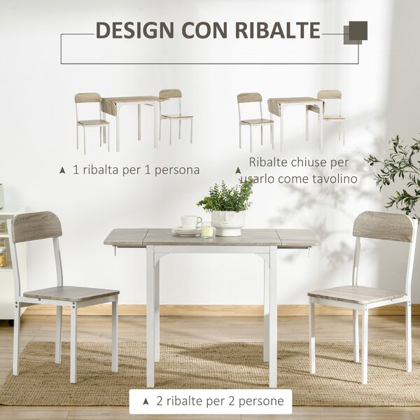 HOMCOM Set Tavolo da Pranzo per 2 Persone, Tavolo Pieghevole in Legno e Metallo con 2 Sedie da Pranzo per Cucina e Soggiorno, Legno Naturale