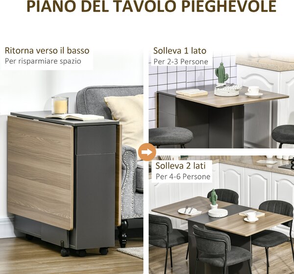HOMCOM Tavolo Pieghevole Rettangolare da Pranzo in Truciolato con 2 Cassetti, un Armadietto e 6 Ruote, max. 6 Persone, 140x76x74cm, Color Legno|Aosom